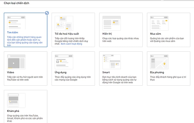 Chọn loại chiến dịch quảng cáo